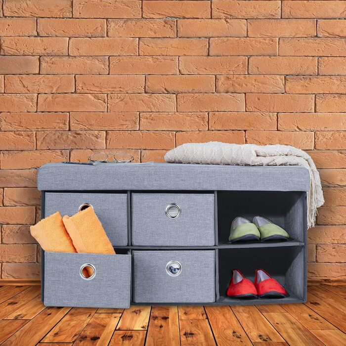Relaxdays Sitzbank mit Stauraum, 6 Schubladen, Sitzpolster, faltbar, 39x76x38 cm, grau