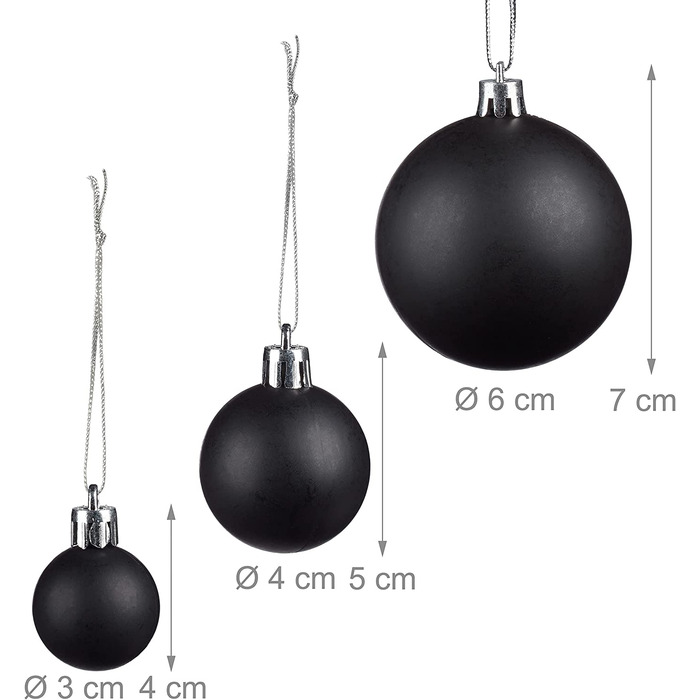Relaxdays Weihnachtskugeln, 100er Set, Weihnachtsdeko, matt, glänzend, glitzernd, Christbaumkugel ∅ 3, 4 & 6 cm, schwarz