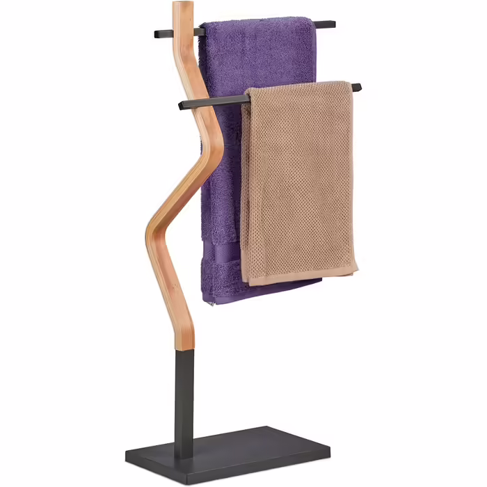 Relaxdays Handtuchständer, 2 Metallstangen, 85x43,5x20 cm, Stahl & MDF, Natur/Grau
