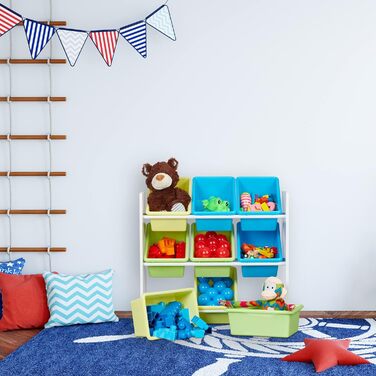 Relaxdays Kinderregal, 9 Aufbewahrungsboxen, Meerjungfrau Motiv, MDF, Kunststoff, Spielzeugregal HBT 67x65x31,5 cm, bunt