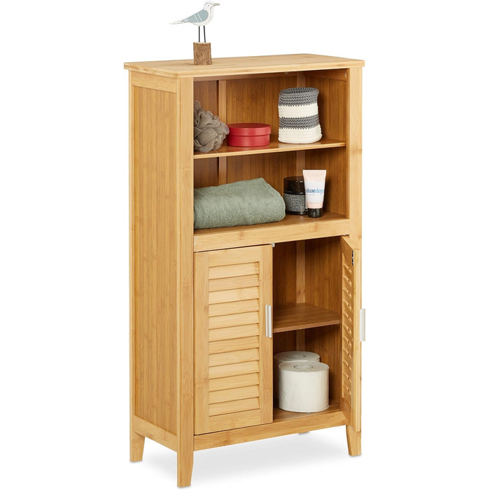 Relaxdays Badezimmerschrank Bambus, HBT: 92x50x25 cm, Badschrank mit Lamellentüren, natur, 1 Stück