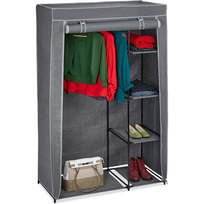 Relaxdays Stoffschrank mit Kleiderstange & 5 Ablagen, Faltschrank mit Reißverschluss, HBT: 161x105,5x45cm, anthrazit