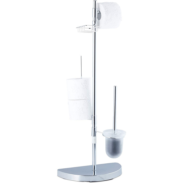Relaxdays, Chrom Garnitur universal, Rollenhalter, WC-Bürste mit Behälter, Ablage, 360° drehbare Elemente, 86 cm hoch