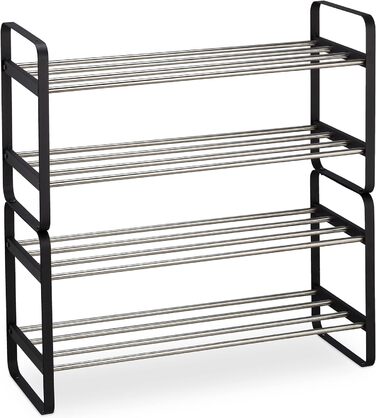 Relaxdays Schuhregal, Metall, 2 Ebenen, stapelbar, HBT 38 x 73,5 x 28 cm, bis zu 6 Paar Schuhe, offen, schwarz/silber