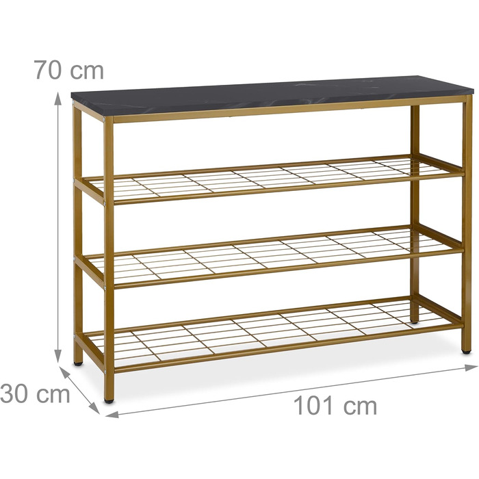 Relaxdays Konsolentisch, Marmoroptik, 70x101x30 cm, Metall & MDF, 4 Ablagen, Gold/Schwarz