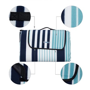 Relaxdays XXL Picknickdecke, 200x300 cm, isoliert, wasserdicht, gestreifte Fleece Stranddecke, weich, Tragegriff, bunt