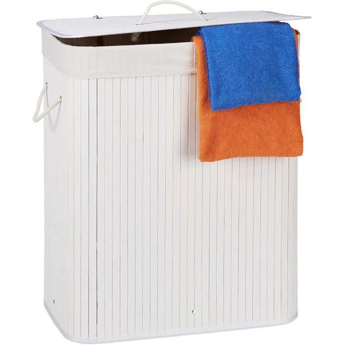 Relaxdays Wäschekorb Bambus, 2 Fächer, 95 l, faltbar, rechteckig, mit Deckel, Weiß