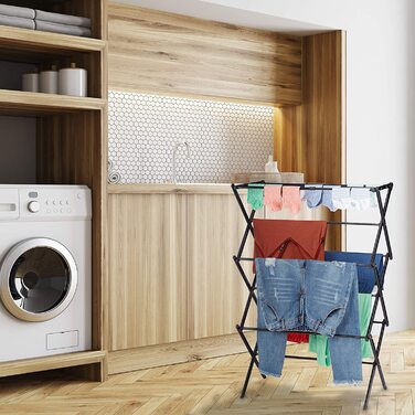 Relaxdays Wäscheständer, klappbar, ausziehbar, 11 Stangen, 6 Ebenen, platzsparender Turmwäscheständer, Metall, (Schwarz)