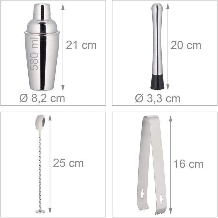 Relaxdays 9-tlg. Cocktail Set, Profi Barkeeper Set mit Ständer, Shaker, Barmaß, Ausgießer, Eiszange