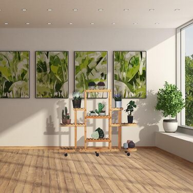 Relaxdays Pflanzenregal Bambus, 9 Ablagen, mit Rollen, 103x120x35,5 cm, Blumenregal innen, natur