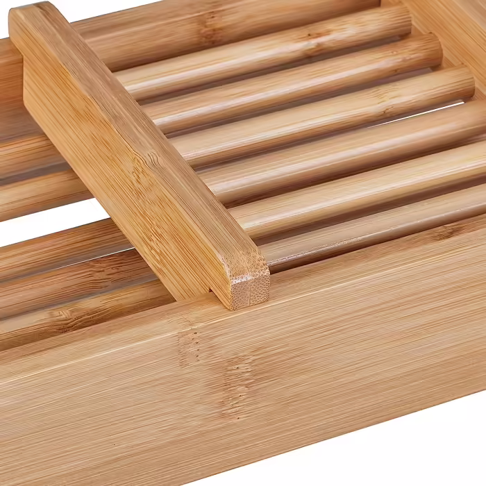 Relaxdays Badewannenablage Bambus, 69 cm breit, ausklappbare Füße, Badewannenbrett mit Seifenablage, Wannenablage, Natur