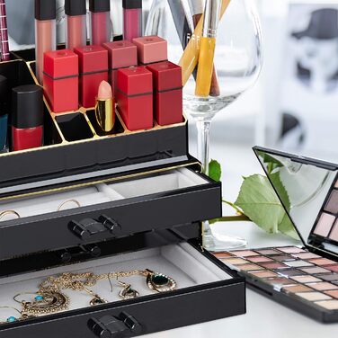Relaxdays Make Up Organizer, 2-teilig, mit Schmuckkästchen, 3 Schubladen, Kunststoff, HBT 18,5x23,5x15 cm, schwarz-gold
