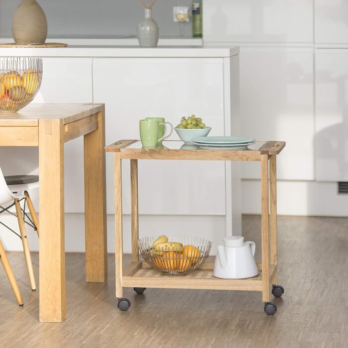 Relaxdays Küchenwagen auf Rollen, Holz Servierwagen mit Glasplatte, 2 Etagen, 62x66x38 cm, natur