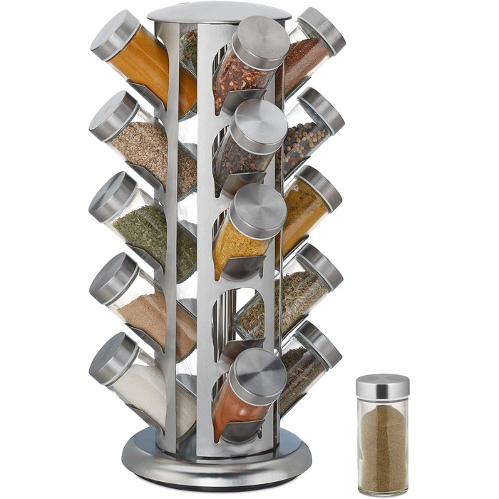 Relaxdays Gewürzkarussell, 20 Gläser, 360° drehbar, Edelstahl/Glas, HxD 39x22 cm, rund, silber, 1 Stk.