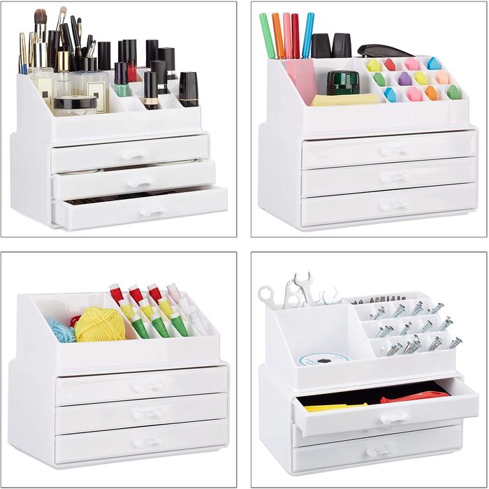 Relaxdays Make Up Organizer klein, 2-teilige Schminkaufbewahrung mit Schubladen, stapelbares Kosmetikregal,  1 Stück (Weiß)