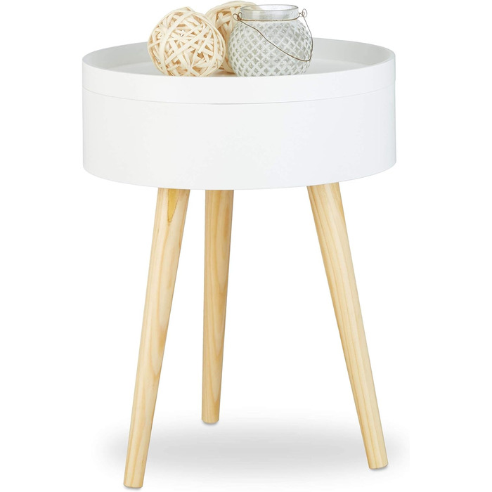 Relaxdays Beistelltisch rund skandinavisches Design, 70er, Nachttisch mit Tablett, Staufach, HxBxT: 50x38x38 cm, weiß Single