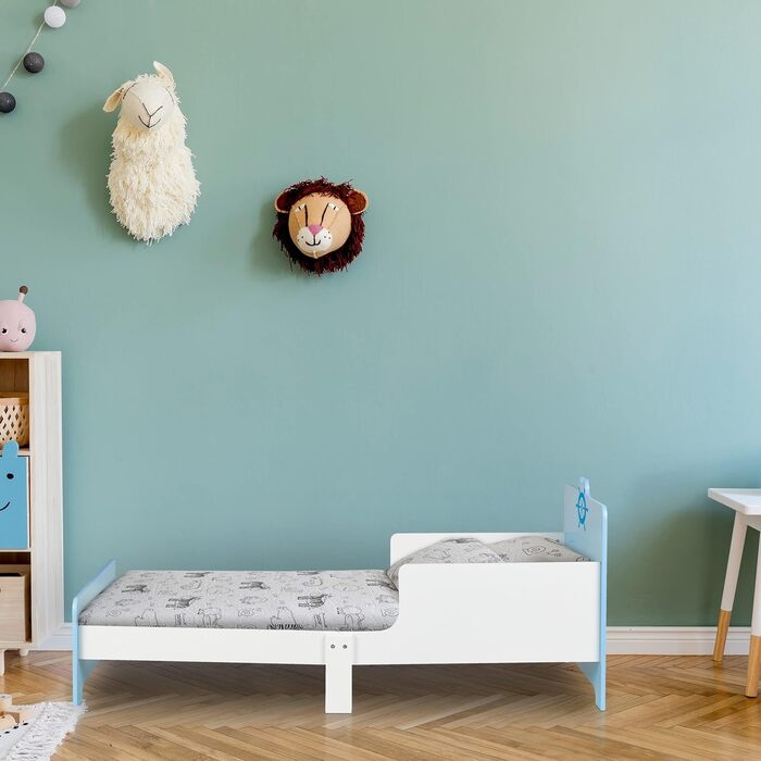 Relaxdays Kinderbett mit Rausfallschutz, HBT: 60x77x143 cm, Lattenrost, Kleinkindbett mit Seefahrt-Motiv, MDF, blau/weiß