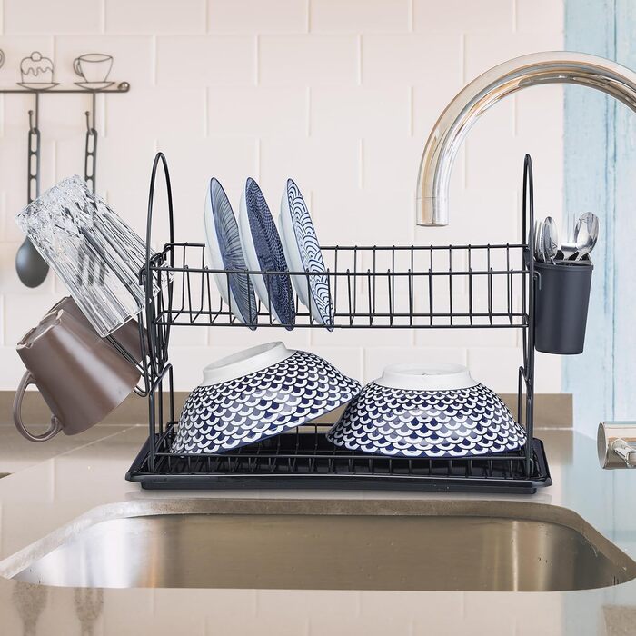 Relaxdays Abtropfgestell, 2 Ebenen, 33,5x51x23,5cm, Geschirrtrockner, schwarz, 80% Eisen