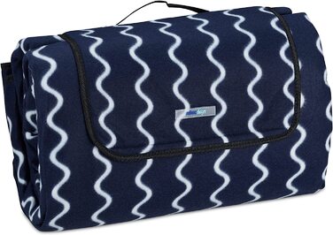 Relaxdays XXL Picknickdecke, 200x300 cm, Fleece Stranddecke, wärmeisoliert, wasserdicht, mit Tragegriff, dunkelblau/weiß