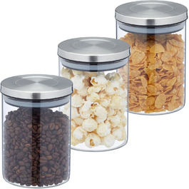 Relaxdays Glasdosen, 3er Set, 650 ml, luftdicht, transparent/silber