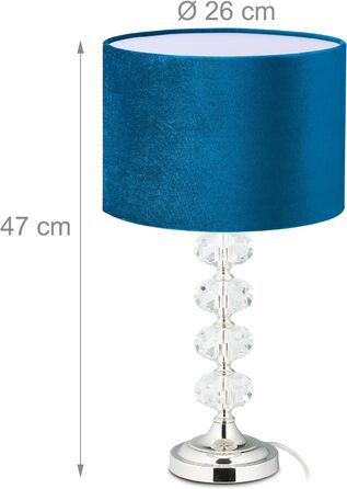 Relaxdays Tischlampe, Samt und Kristall, HxD: 47 x 26 cm, E14-Fassung, Nachttischlampe, indirekte Beleuchtung, blau