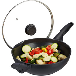 Relaxdays pfanne mit Glasdeckel 30 cm,  mit Antihaftbeschichtung für Gas-, Elektroherd, Griff, 4 Liter, schwarz (Wok Induktion)