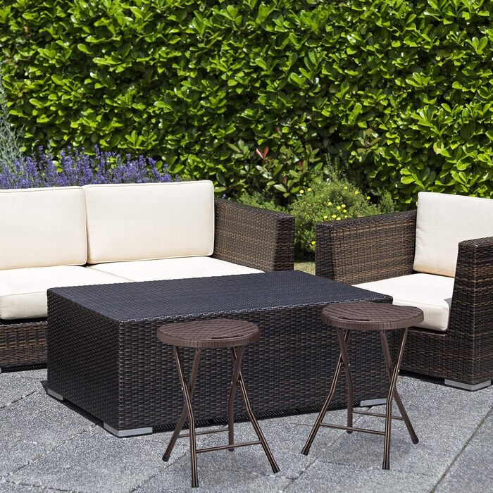 Relaxdays Klapphocker BASTIAN rund, 2 Stk. Faltbar, Kunststoff, Rattanoptik, Wetterfest HxBxT: 45 x 32,5 x 29 cm, braun