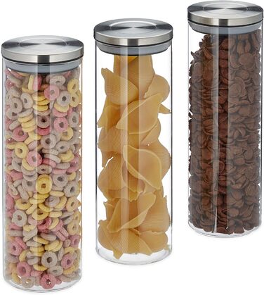 Relaxdays Vorratsglas 3er Set, luftdicht, Edelstahl Deckel, 1,8 l, für Pasta, Müsli & Reis, transparent