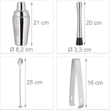 Relaxdays 9-tlg. Cocktail Set, Profi Barkeeper Set mit Ständer, Shaker, Barmaß, Ausgießer, Eiszange