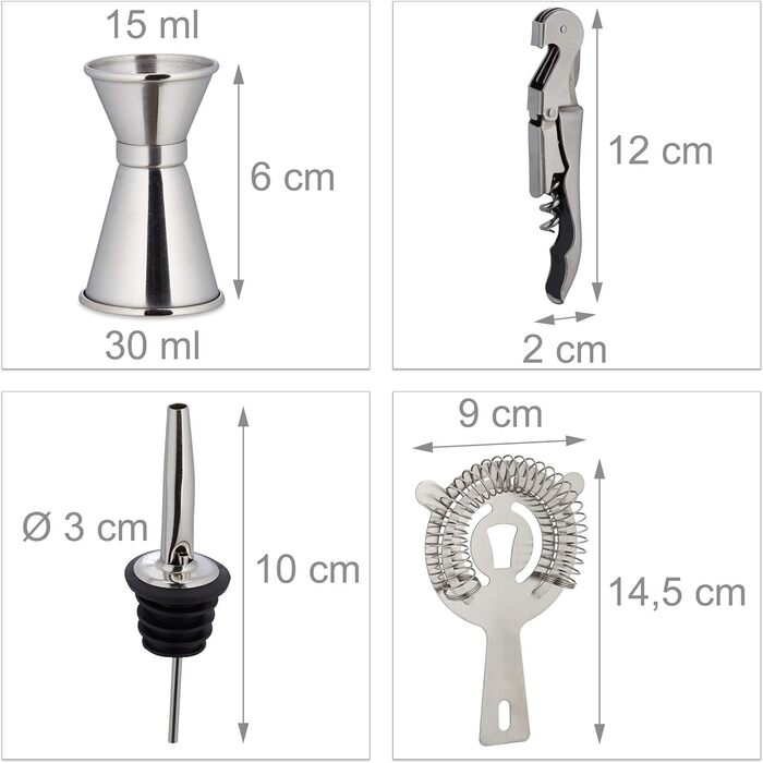 Relaxdays 9-tlg. Cocktail Set, Profi Barkeeper Set mit Ständer, Shaker, Barmaß, Ausgießer, Eiszange