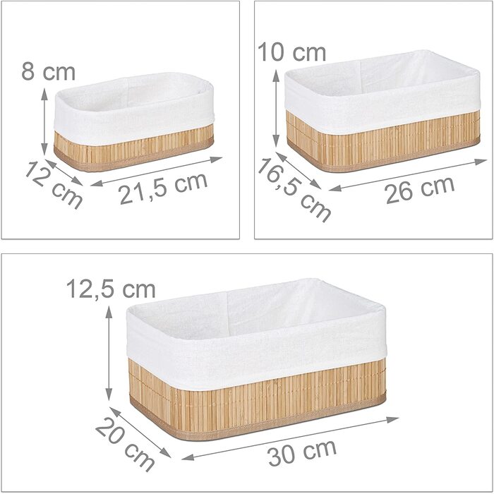 Relaxdays Aufbewahrungskorb 3er Set, Stoffbezug, Bambus, rechteckig, Bad, Accessoires, Spielzeug, Allzweckkorb, natur