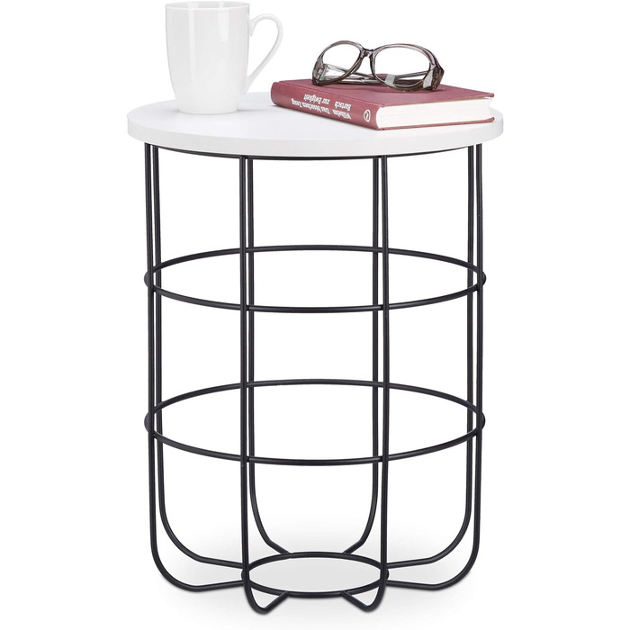 Relaxdays, weiß-schwarz runder Beistelltisch mit Metallkorb, dekorativer Couchtisch, Wohnzimmertisch modern, 45cm hoch, Design B