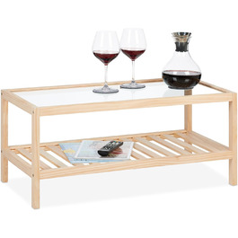 Relaxdays Couchtisch, Wohnzimmertisch mit Glasplatte, Holz, HBT 35 x 80 x 40 cm, rechteckiger Sofatisch, 2 Etagen, Natur