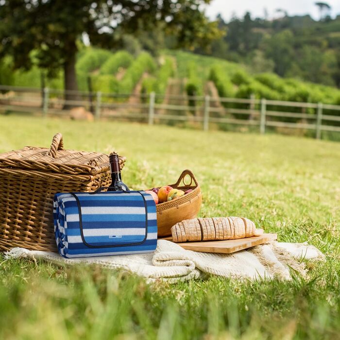 Relaxdays XXL Picknickdecke, 200x300 cm, isoliert, wasserdicht, gestreifte Fleece Stranddecke, Tragegriff, blau/weiß