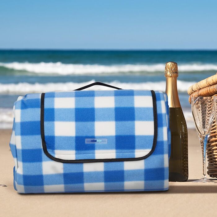 Relaxdays XXL Picknickdecke, 200x300cm, isoliert, wasserdicht, Karierte Fleece Stranddecke, weich, Tragegriff, blau-weiß