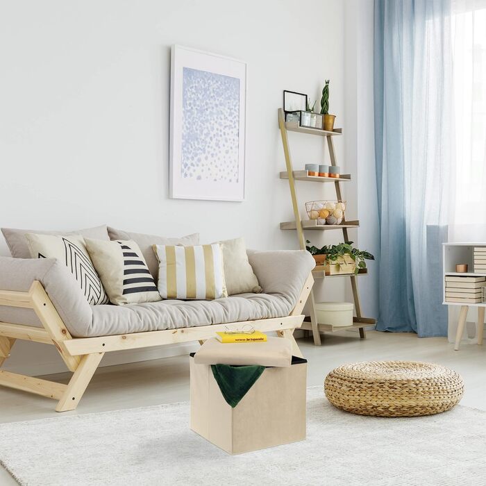 Relaxdays Sitzhocker, faltbar, 38x38x38 cm, Stauraum, MDF & Samt, Creme