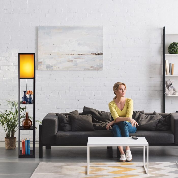 Relaxdays Stehlampe mit Regal, E27, 3 Ablagen, modernes Design, 159x26x26 cm, schwarz-braun