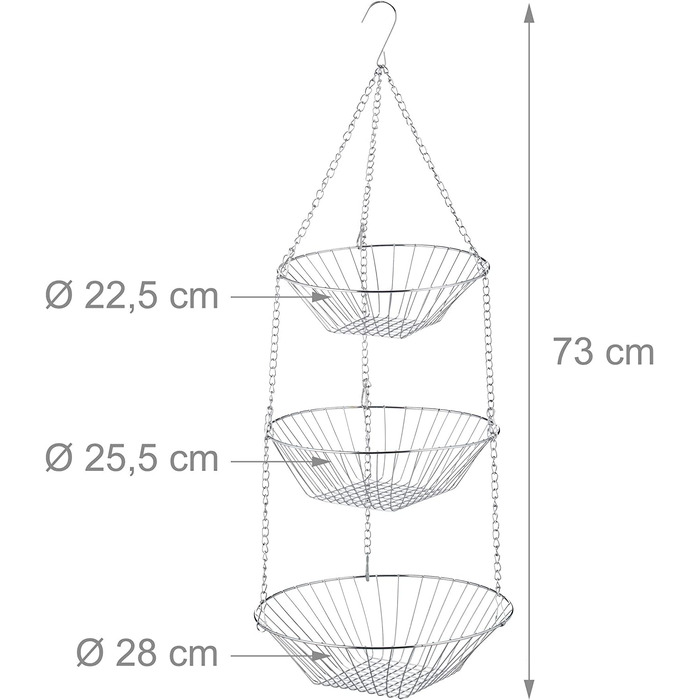 Relaxdays Hängekorb 3 Etagen, Obstkörbe, 3er Etagere für Decke, platzsparend in Küche, Stahl, silber, 73x28x28cm