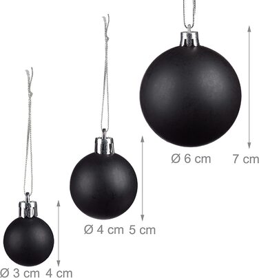 Relaxdays Weihnachtskugeln, 100er Set, Weihnachtsdeko, matt, glänzend, glitzernd, Christbaumkugel ∅ 3, 4 & 6 cm, schwarz