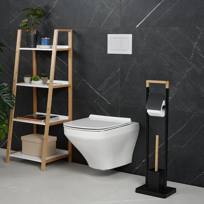 Relaxdays WC Garnitur, Bambus, Edelstahl, Klopapierhalter & Toilettenbürste mit Halter, schwarz/natur