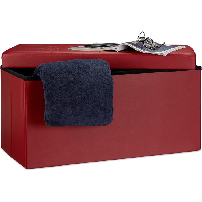 Relaxdays Faltbare Sitzbank, 2-Sitzer mit Stauraum, Kunstleder, 300 kg belastbar, Dunkelrot
