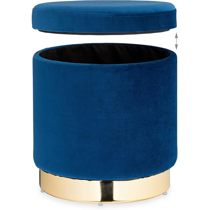 Relaxdays runder Samthocker mit Stauraum, elegant, H41,5 x D37 cm, blau/Gold