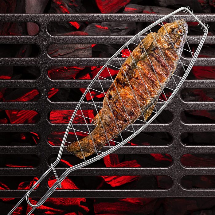 Relaxdays Fischbräter 3er Set, Edelstahl, mit Griff, 54 cm lang, Fischhalter zum Grillen, Grillguthalter Fisch, Silber