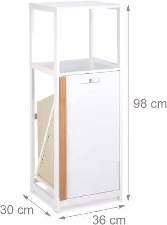Relaxdays Badregal mit Wäschekorb, 2 Ablagen, kippbar, MDF & Bambus, 98x36x30 cm, weiß/natur