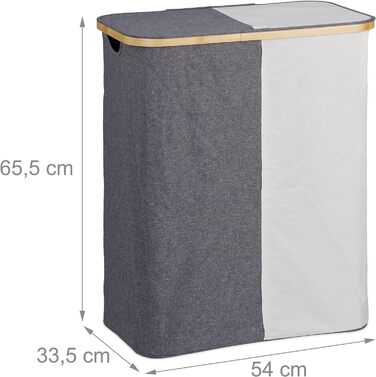 Relaxdays Wäschekorb mit Deckel, 130 l, Wäschesammler Bambus & Polyester, tragbar, atmungsaktiver Wäschesack,  90 10, (65.5x54x33.5 cm, Grau/Weiß)