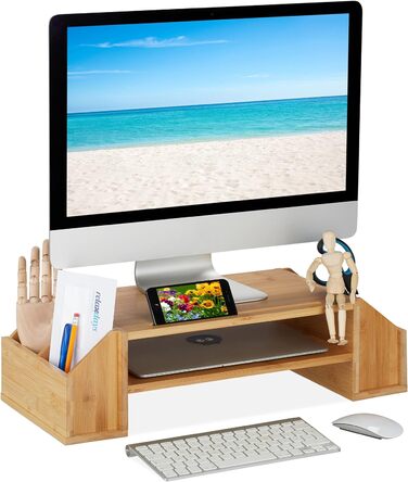 Relaxdays Monitorständer Bambus, Ablagen & Fächer, 16x57,5x25 cm, Bildschirmständer Natur