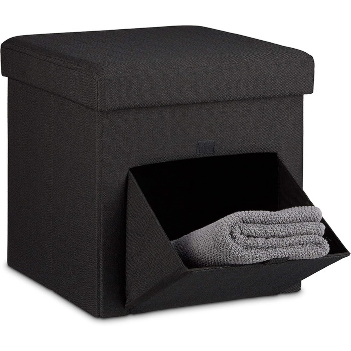 Relaxdays Faltbarer Sitzhocker, Leinen, Aufbewahrungsbox, abnehmbarer Deckel, 38x38x38 cm, Schwarz