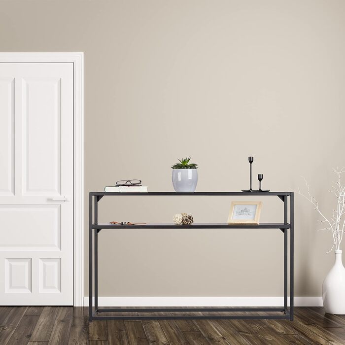 Relaxdays Konsolentisch, Glasplatte, Metallgestell, Ablage, 4 Beine, 70,5x110x30 cm, schwarz