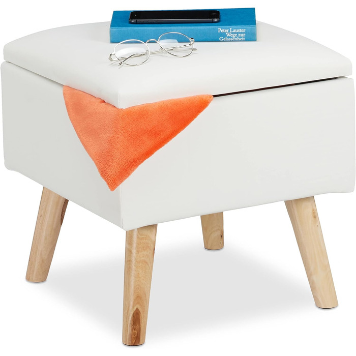 Relaxdays Sitzhocker mit Stauraum, Kunstleder, 40x40x40 cm, gepolstert, weiß