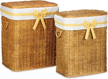 Relaxdays 2er Set geflochtene Buri Wäschetruhe, stapelbar, mit herausnehmbarem Wäschesack, 67 L, Honigbraun